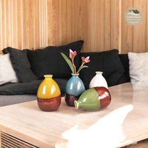 May include: Four ceramic vases in different colours and designs. The vases are arranged on a wooden table. The vases are all about 10 cm tall and have a round shape. The vases are decorated with different colours and patterns. The vases are perfect for displaying flowers or other decorative items.
