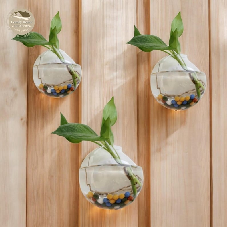 May include: Three clear glass wall-mounted vases with a rounded shape. Each vase contains water and small colorful stones. The vases are attached to a wooden wall.