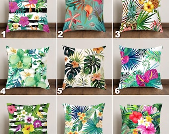 Tropical Floral Pillow Cover, Hawaiian Hibiscus Cushion Cover, Botanical Leaf Throw Pillow, Tropical Decor, Summer Accent Pillow