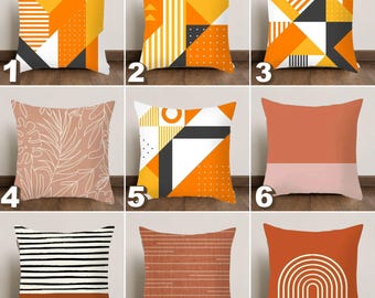 Fodera per cuscino con motivi geometrici astratti, fodera per cuscino moderna in stile boho, federa per cuscino in stile metà secolo, decorazione minimalista per la casa in arancione