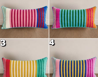 Colorful Striped Lumbar Pillow, Rainbow Bolster Cushion, Modern Boho Throw Pillow, Retro Geometric Home Decor