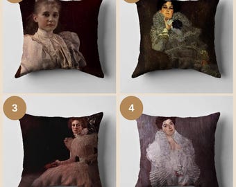 Klimt Style Woman Portrait Pillowcase: Vintage Oil Painting Art, Cotton Cushion Cover