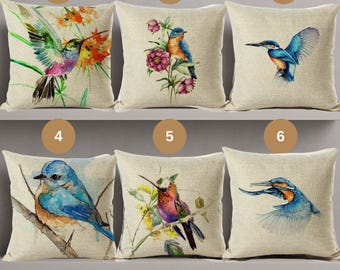 Watercolor Bird Pillow Cover: Colorful Polyester Cushion, 18 Designs