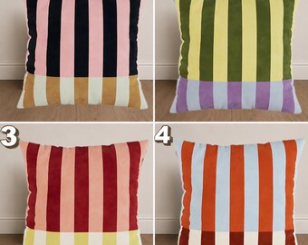 Velvet Striped Pillow Cover, Modern Color Block Cushion, Retro Stripe Throw Pillow, Mid Century Boho Home Decor