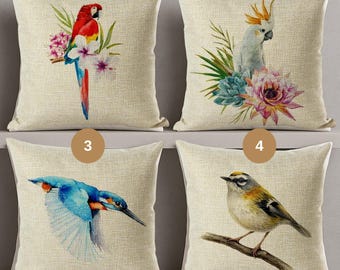 Watercolor Bird Throw Pillow Cover: Linen-Look Polyester, 18x18