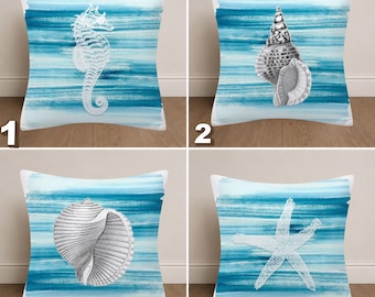 Coastal Pillow Cover, Seahorse Shell Starfish Cushion, Beach House Decor, Nautical Throw Pillow, Ocean Coastal Accent