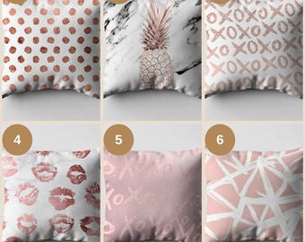 Pink Lips Throw Pillow Cover: Rose Gold Kiss Print, Marble Accent