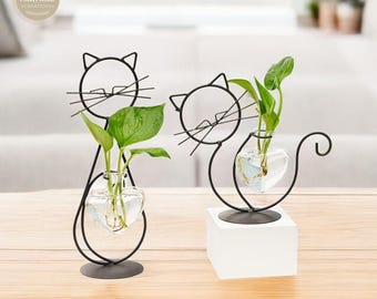 Cat Hydroponic Vase: Heart Glass Planter, Modern Home Decor