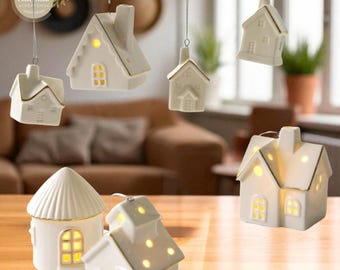 Glowing Ceramic Christmas Village House Ornament, Gold Accents