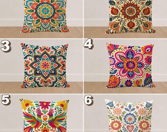 Colorful Folk Art Pillow Cover, Floral Boho Cushion, Maximalist Throw Pillow, Embroidered Style Cottagecore Home Decor