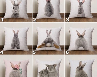Rabbit Pillow Cover, Bunny Cushion Cover, Farmhouse Animal Throw Pillow, Cute Rabbit Decor, Nursery Woodland Pillow