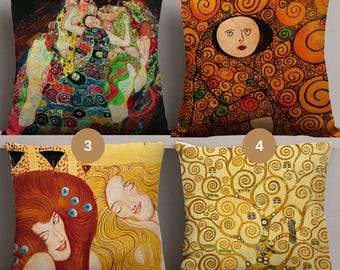 Klimt Art Pillow Covers, Decorative Throw Pillowcases, Artistic Face & Floral Cushion, Abstract Vintage Home Decor, 18x18 inch