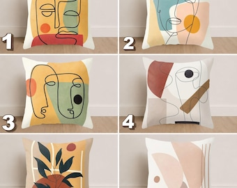 Funda de almohada con rostro abstracto, funda de cojín minimalista con diseño lineal, funda de almohada bohemia moderna, decoración escandinava para el hogar.