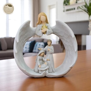 Mini Angel Nativity Statue, Resin Angel Figurine with Holy Family, Small Christmas Ornament, Religious Table Decor Gift