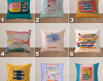 Sardine Tin Pillow Cover, Coastal Fish Cushion, Mediterranean Seafood Decor, Nautical Throw Pillow, Vintage Sardines Art