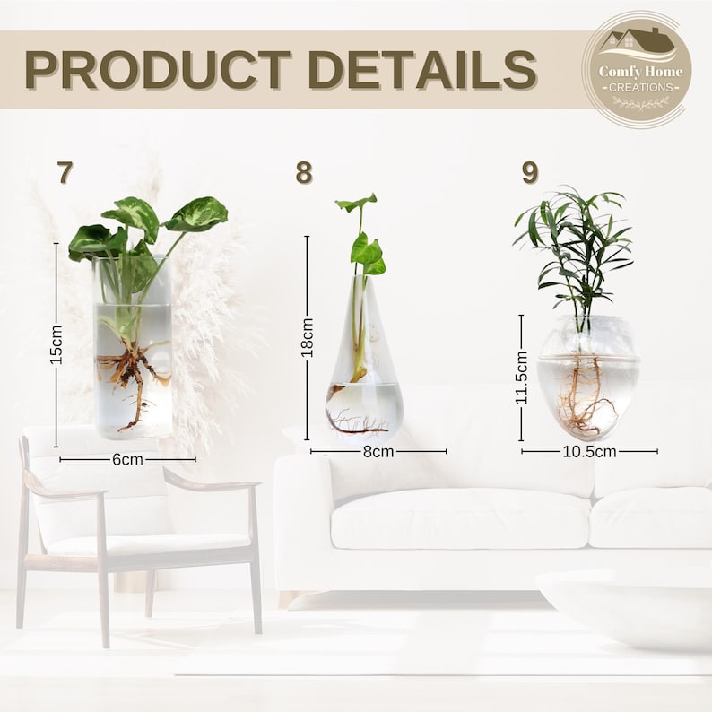 May include: Three different glass vases with plants inside. The vases are clear glass and the plants are green. The vases are labeled with numbers 7, 8, and 9. The vases are 6 cm, 8 cm, and 10.5 cm wide. The vases are 15 cm, 18 cm, and 11.5 cm tall.
