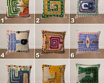 Funda de almohada de arte folclórico abstracto, cojín bohemio escandinavo, cojín decorativo tribal moderno, decoración geométrica maximalista, cojín artístico