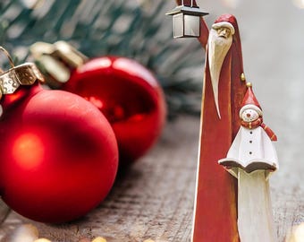 Santa and Snowman Solar Lantern Statue – Hand-Carved Look, Christmas Decor