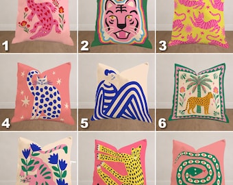 Colorful Folk Art Animal Pillow Cover, Maximalist Boho Cushion, Pink Tiger & Leopard Decor, Eclectic Throw Pillow, Dopamine Decor