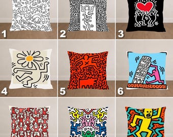 Keith Haring Inspired Pillow Cover, Pop Art Cushion, Abstract Graffiti Throw Pillow, Modern Colorful Home Decor