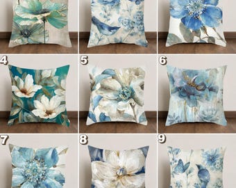 Blue Floral Pillow Cover, Vintage Bird Cushion, Watercolor Flower Pillow, Cottagecore Decor, Shabby Chic Throw Pillow