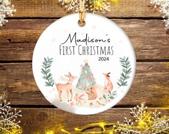 Personalized Baby's First Christmas Ornament: Ceramic Woodland Keepsake