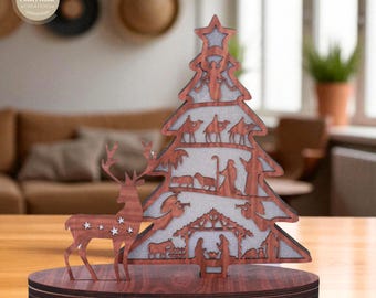 Lighted Wooden Nativity Scene Christmas Tree Decor, Reindeer Ornament