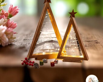 Wooden LED Christmas Tree Set, Rustic Farmhouse Decor
