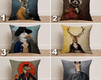 Nordic Animal Portrait Pillow Cover: Funny Vintage Wildlife Decor