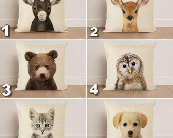 Baby Animal Pillow Cover, Woodland Nursery Cushion, Cute Forest Animal Pillowcase, Bear Owl Deer Cat Dog Decor