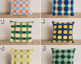 Velvet Geometric Pillow Cover, Modern Polka Dot Cushion, Color Block Throw Pillow, Mid Century Boho Home Decor