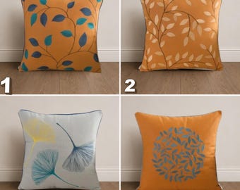 Botanical Leaf Pillow Cover, Modern Nature Throw Pillow, Blue Orange Cushion Cover, Minimalist Floral Home Decor