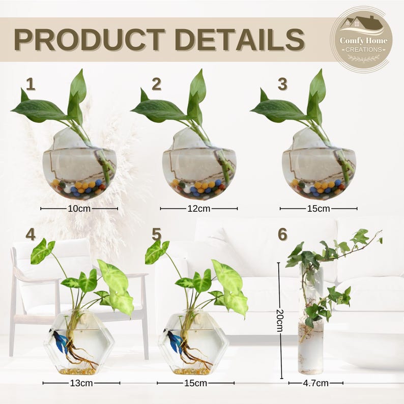 May include: Six different sizes of clear glass vases for plants. The vases are in various shapes, including round, oval, and hexagonal. The vases are labeled with numbers 1 through 6 and measurements in inches. The vases are shown with different types of plants, including ivy, pothos, and a fish.