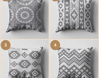 Gray Tribal Geometric Throw Pillow Cover: Boho Home Decor