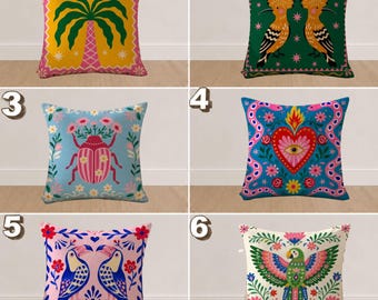 Folk Art Bird Pillow Cover, Colorful Botanical Cushion, Whimsical Animal Throw Pillow, Maximalist Boho Decor, Eclectic Home Accent