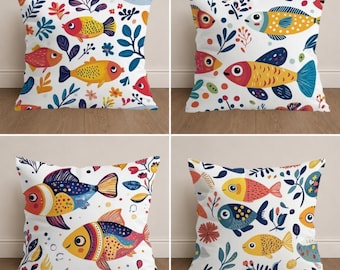 Set of 4 Coastal Fish Pillow Covers, Colorful Nautical Cushion Set, Beach House Decor, Mediterranean Throw Pillows