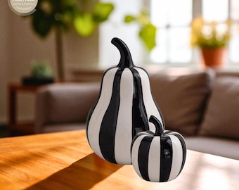 Modern Striped Ceramic Fruit Sculpture, Black & White,  Apple or Pear Deco