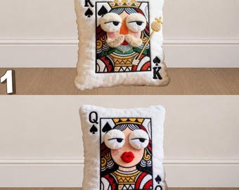 Playing Card Plush Pillow, King Queen Jack Embroidered Cushion, Funny Poker Throw Pillow, Casino Decor, Gamer Gift