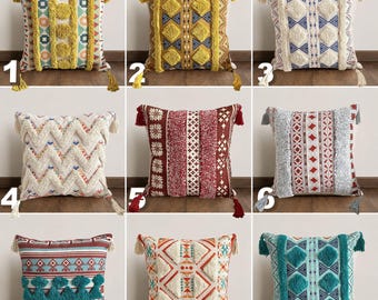 Boho Tufted Pillow Cover, Moroccan Tribal Cushion Cover, Ethnic Tassel Throw Pillow, Southwestern Home Decor