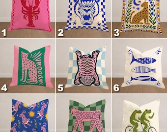 Eklektiskt djurörngott, funky tigergroda gepardkudde, maximalistisk folkkonstdekor, dopamin-hemaccessoar