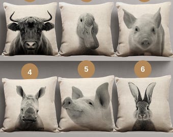 Farm Animal Pillow Cover: Rustic Highland Cow, Pig, Duck Print - 18x18