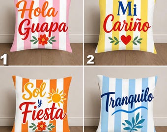 Spanish Quote Pillow Cover, Hola Guapa Cushion, Sol y Fiesta Pillow, Mediterranean Summer Decor, Colorful Striped Cushion
