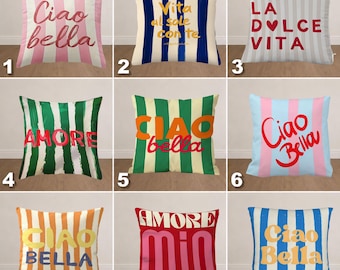 Italienskt citat örngott, Ciao Bella kudde, Dolce Vita prydnadskudde, Medelhavskustdekor, Preppy randig kudde
