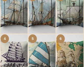 Nautical Sailboat Pillow Cover: Vintage Ocean Theme Decorative Cushion