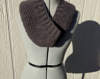 Grey Gray Charcoal Hand Knit Cowl Scarf