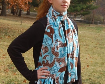 Mod Swirls Aqua Blue Brown Print Fleece Scarf