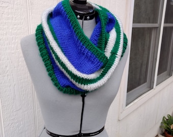 Blue, Green and Gray Stripe Hand Knit Cowl Scarf