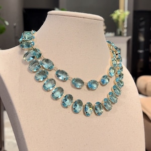 Aqua Blue Necklace Anna Wintour Georgian Collet Oval Vintage choker Baby Blue Beachy Turquoise Clear Aquamarine Wedding Prom Riviere Paste