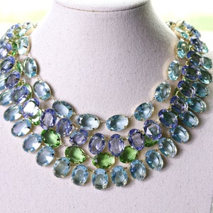 Aqua Blue Anna Wintour Necklace Light Sapphire Blue Peridot Green Oval Gold Silver Georgian Vintage Statement Layering Chunky Victorian