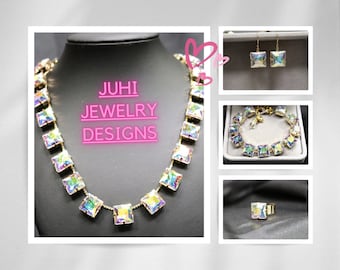 Aurora Borealis Halskette Anna Wintour AB Armband Ohrringe Ring Georgian Collet Paste Riviere Square Vintage Choker Iridescent Layering Set